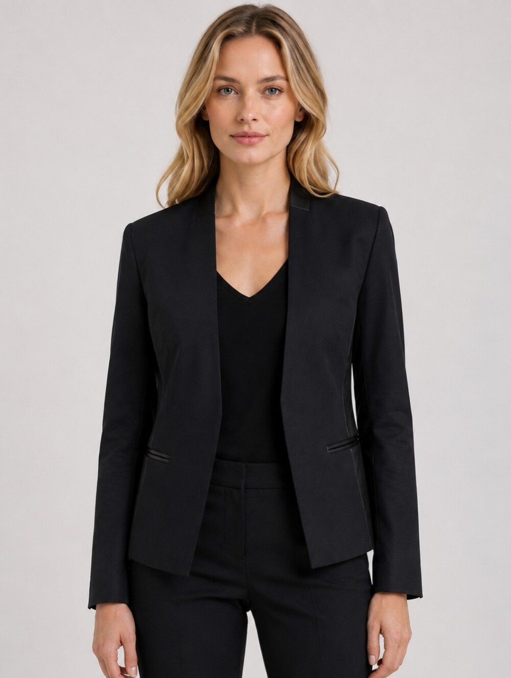 Theory Black Open Front Blazer Lamb Leather Trim Tailored Jacket Women’s Size 6